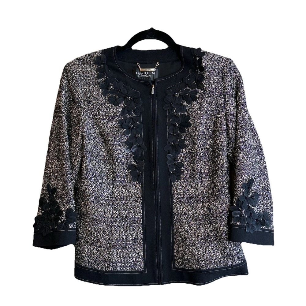 VTG St. John Knit Couture Wool Blend Tweed Bolero Jacket Floral Appliqué Size 4